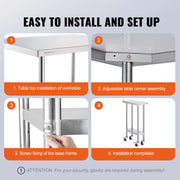 Charger l'image dans la visionneuse de galerie, Amocart Stainless Steel Work Table 500 LBS Load Capacity w/4 Wheels 3 Adjustable Height Levels Heavy Duty Food Prep Worktable