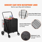 Bild in Galerie-Viewer laden, Amocart Folding Shopping Cart w/ Removable Waterproof Liner 106/330LBS Large Capacity 360° Swivel Wheels Dense Metal Mesh Base