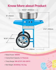 Charger l'image dans la visionneuse de galerie, SucceBuy Electric Cotton Candy Machine with Cart Commercial Candy Floss Maker with 20.5 in Stainless Steel Bowl, Sugar Scoop