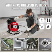 Load image into Gallery viewer, Amocart Drain Cleaner Machine 50FT 1/2 Inch Manual Feed Sewer Snake Auger with 4 Cutters & Air-activated Foot Switch for Pipes