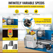 Charger l'image dans la visionneuse de galerie, Amocart Mini Metal Lathe Machine 7"x14" 550W 180x350mm Variable Speed + 3 Jaw Chuck for Metalworking Turning Drilling Threading