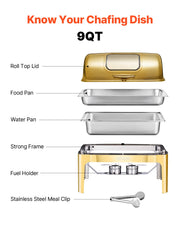 Load image into Gallery viewer, Amocart 9Qt Roll Top Chafing Dish Buffet Stainless Steel Chafer with Full Size Pan Visible Lid Rectangle Catering Warmer Server