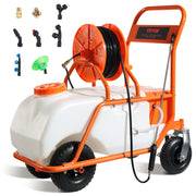 Charger l'image dans la visionneuse de galerie, Amocart Battery Powered 15 Gal Garden Weed Sprayer with Wheeled Cart 126FT Hose with Reel 8 Nozzles 2 Wands with Lock for Crop