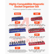 Bild in Galerie-Viewer laden, Amocart 6pcs/8pcs Blue+Red Magnetic Socket Organizer Set 3/8'' 1/2'' Metric SAE Socket Trays with Clear Labels for Tool Box