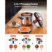 Load image into Gallery viewer, Amocart 6.3 8 10 12 Qt Pressure Cooker Stainless Steel Pressures Canner with Steaming Rack Tempered Glass Lid for Meat, Beans,