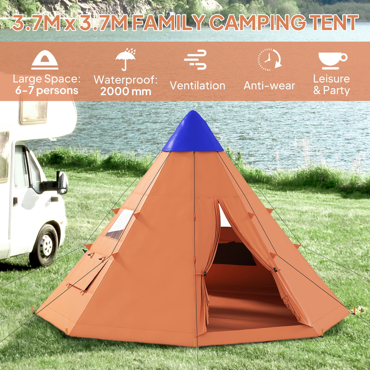 6 Men Tipi Tent With Carry Bag - Orange - AMOCART90c5f58425fbee425a6a83c95b7fa378