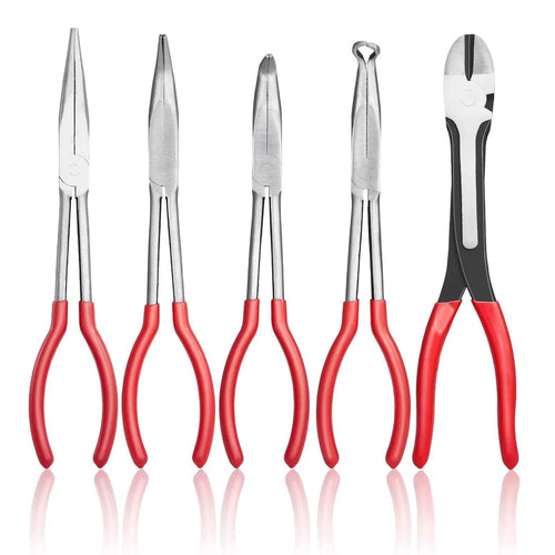 Amocart 5-Piece Needle Nose Pliers 11 in Long Needle Nose Pliers Set Diagonal Cutting Pliers 45°/90° Bent Round Nose Plier