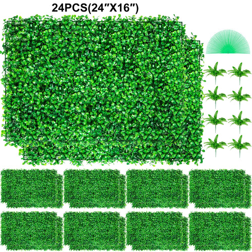 Amocart Artificial Boxwood Panel UV 24pcs 20x20/24x16 in Boxwood Hedge Wall Panels Artificial Grass Backdrop Wall Green Grass