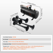 Charger l'image dans la visionneuse de galerie, Amocart Train Horns Kit 4 Trumpet Air Horn Kit 150dB Train Horns 12V Air Compressor with 3/6/10L Tank, for Pickup Trucks Train
