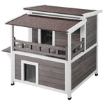 SucceBuy Outdoor Cat House Weatherproof Feral Cat Shelter 2-story Large Outdoor Wooden Cat House with Balcony Door and Open Roof