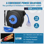 SucceBuy Retractable Extension Cord Reel 50FT Lighted Triple Tap Outlet 13Amp Circuit Breaker 180° Swivel Bracket Electrical Use