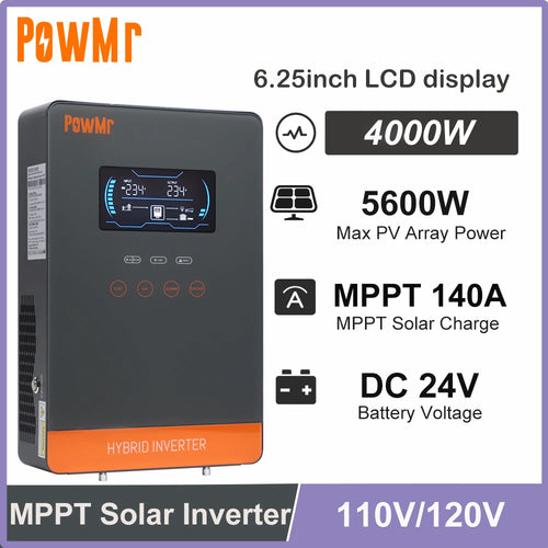 4KW Hybrid Solar Inverter DC 24V to 110V 120V AC With 140A MPPT Solar Charge Controller Max PV Power 5400W Fit Lithium Battery