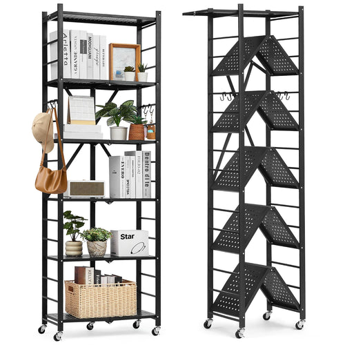 SucceBuy Foldable Storage Shelf Metal Rack Shelving Unit No Assembly Organizer Shelf with 5 Wheels & 4 Hooks for Kitchen Black