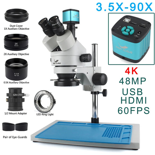 4K 2K 48MP HDMI USB VGA Microscope Camera 7X-45X Simul-Focal Stereo Trinocular Zoom Microscope Set With Auxiliary Objective Lens