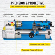 Charger l'image dans la visionneuse de galerie, Amocart Mini Metal Lathe Machine 7"x14" 550W 180x350mm Variable Speed + 3 Jaw Chuck for Metalworking Turning Drilling Threading
