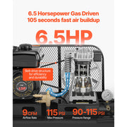 Charger l'image dans la visionneuse de galerie, Amocart 9 Gallon Twin-Tank Gas Powered Air Compressor 6.5 HP 9 CFM Gas Driven Air Compressor Tank on Wheel for Tire Inflation
