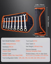 Charger l'image dans la visionneuse de galerie, SucceBuy Flex-Head Ratcheting Wrench Set 8PCs Combination Wrench Set Roll-up Pouch Cr-V Steel Flexible Ratcheting Wrench Set
