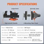 SucceBuy Bench Vise 4.5" 6" 6.5" Multipurpose, Swivel Base & Anvil Heavy Duty Cast Iron for Drilling, Conduit Cutting, Sanding