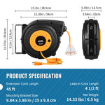 SucceBuy Retractable Extension Cord Reel 45 FT / 65 FT with Lighted Triple Tap Outlet 180° Swivel Bracket Heavy Duty Power Cord