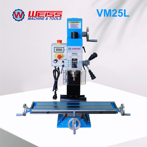 WEISS Milling Machine VM25L 1100W Brushless Motor Mill Drill MT3 R8 Variable Speed 2250rpm for Precision Machining