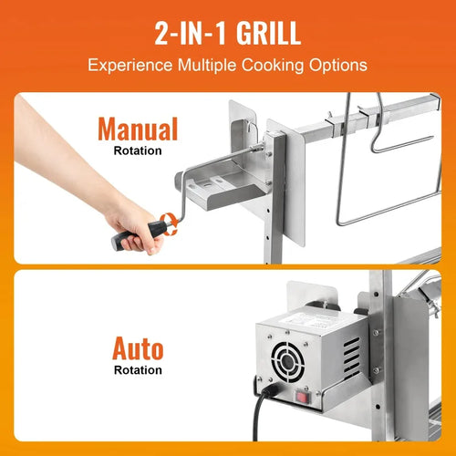 【Premium】Amocart 35inch Rotisserie Grill Electric Motor Charcoal Spit Grill Stainless Steel Roaster w/Lock le Wheels for Campin