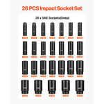 SucceBuy Impact Socket Set 1/2" / 3/8"  Drive 26/48/65-Pcs Sockets 6-Point Socket Cr-V Alloy Steel Structure for Vehicles Repair