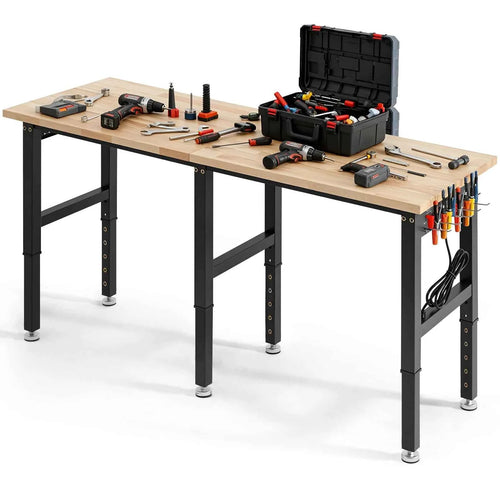Amocart 5000 lbs Adjustable Workbench 72/96 x 24in Oak Wood Top Workstation with 4 AC Outlets Hardwood Worktable for Garage
