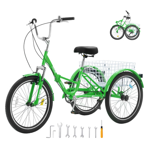 Amocart 20-26inch Folding Adult Tricycle 7 Speed Carbon Steel 3 Wheels with Basket Adjustable Seat Shopping Picnic For Seniors
