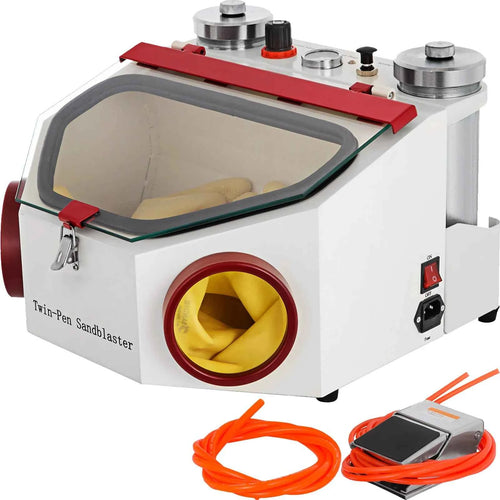 Amocart Dental Lab Sandblaster Equipment 2 Pen+2 Tanks with LED Light Large View Window Foot Pedal Control for Removing Oxides