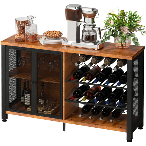 Amocart 47/55inch Industrial Bar Cabinet Wine Bar Cabinet Table with Wine Rack & Glass Holder for Dining Living Room Rustic Oak