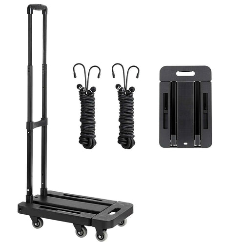SucceBuy Folding Hand Truck 500 lbs Load Capacity Collapsible Luggage Cart with 6 Wheels 2 Elastic Ropes & Expandable Base Black