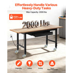 SucceBuy Adjustable Workbench on Wheels Oak Wood Top 60x24 In 2000 lbs Capacity with Drawer Power Outlets for Garage Workshop