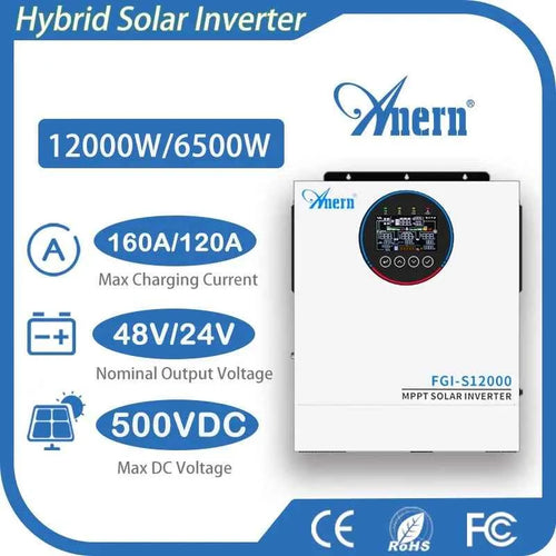 Anern 12KW 6.5KW 5KW High Frequency Hybrid Solar Inverter 160A 48V Solar Battery Charge Dual AC Output Pure Sine Wave Inverter