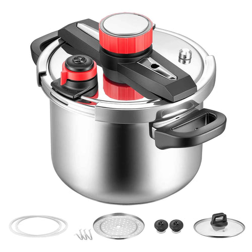 Amocart 6.3 8 10 12 Qt Pressure Cooker Stainless Steel Pressures Canner with Steaming Rack Tempered Glass Lid for Meat, Beans,