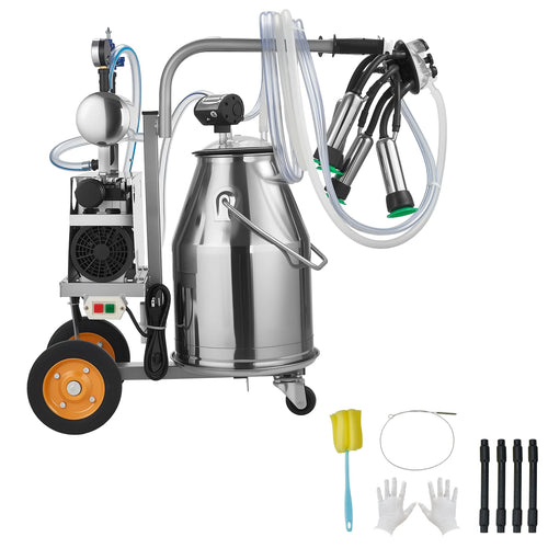 Amocart Electric Cow Milking Machine 6.6 Gal 25L 304 Stainless Steel Bucket Food-Grade Teat Cups Silicone Hose Wheels for Cow