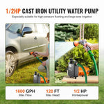 Amocart Cast Iron Water Transfer Pump 115V AC 1600GPH 1/2HP Portable for Garden, Rain Barrel, Pond, Hot Tub, Aquarium Draining