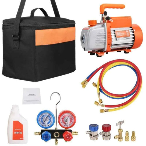 Amocart 3.5CFM 4CFM Single Stage Rotary Vane HVAC Air AC Vacuum Pump & A/C Refrigerant Kit Manifold Gauge Set Air Conditioning
