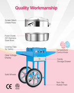 Amocart Electric Cotton Candy Machine with Cart Commercial Candy Floss Maker with 20.5 in Stainless Steel Bowl, Sugar Scoop