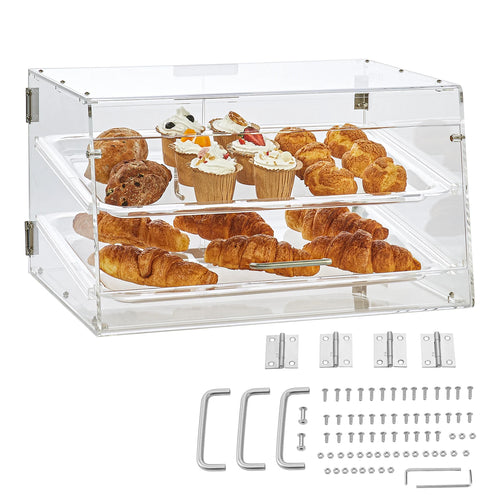 Amocart 2 Tray Clear Pastry Display Case Acrylic Commercial Countertop Bakery Display Case with Front and Rear Door for Bread