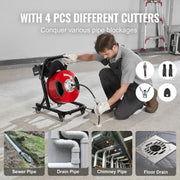 Charger l'image dans la visionneuse de galerie, Amocart 50FT Drain Cleaner Machine Manual Feed Sewer Snake Auger with Wheels 4 Cutters &amp; Air-activated Foot Switch for Homeuse

