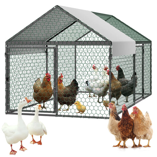 Amocart Metal Chicken Coop with Waterproof Cover & Doors Spire Roof Poultry Run Compatible w/ Wooden Coops for Rabbit Hen Goose
