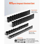 Amocart 26/65PCs US Drive Impact Socket Set Deep Standard Socket Set SAE Metric 6 Point CR-V Cr-Mo Alloy Steel Auto Repair