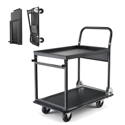 Amocart 700 lbs 2 Tier Foldable Heavy Push Cart Dolly Platform Hand Truck with Wheels Moving Flatbed Cart for Warehouse Garage