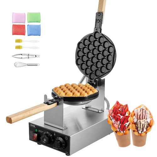 Amocart Commercial Egg Bubble Waffle Maker 1400W Non-Stick Stainless Steel Bubble Puff w/180° Rotatable 2 Pans & Wooden Handles