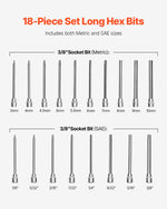 Amocart Extra Long Allen Hex Bit Socket Set 18-Piece 3/8 inch Drive S2 Alloy Steel and Cr-V Steel Standard SAE and Metric