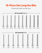 Charger l'image dans la visionneuse de galerie, Amocart Extra Long Allen Hex Bit Socket Set 18-Piece 3/8 inch Drive S2 Alloy Steel and Cr-V Steel Standard SAE and Metric
