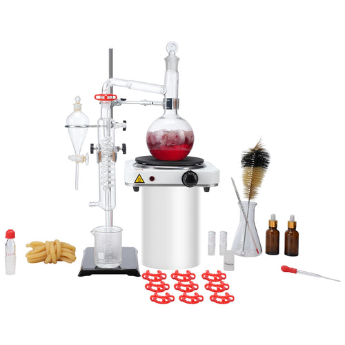 SucceBuy Essential Oil Distillation Kit 500ml 2L Distillation Apparatus 3.3 Boro Lab Glassware Distillation Kit w/ Heat Plate