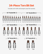 SucceBuy Torx Bit SocketSet 34-Piece Solid Star and Tamper Proof T6-T70 S2 AlloySteel and Cr-V Steel Drives Enhanced StorageCase