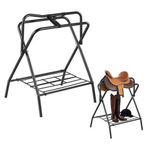 SucceBuy Folding Saddle Rack 28 x 19 x 37.5 in Freestanding Horse Saddle Stand Steel Saddle Rack for English & Western Saddles