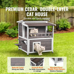 Amocart Outdoor Cat House Weatherproof Feral Cat Shelter 2-story Large Outdoor Wooden Cat House with Balcony Door and Open Roof